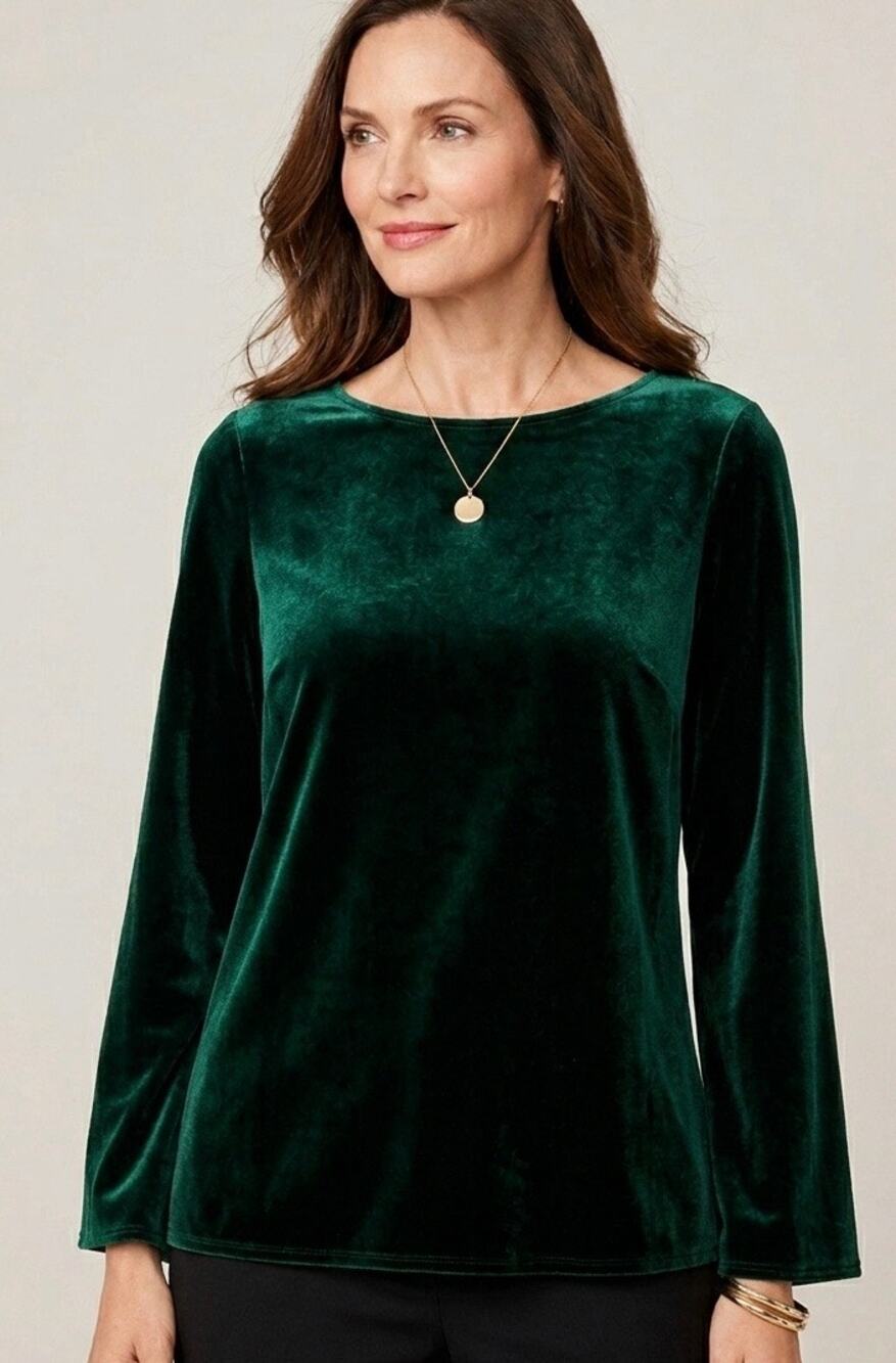 Talbots EUC Hunter Emerald Green Velvet Long Sleeve Blouse Top Sz 16 Boxy Silk